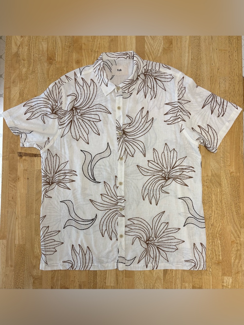 Folk Cream Linen Blend Short-Sleeve Button-Up Shirt with Brown Floral Outline